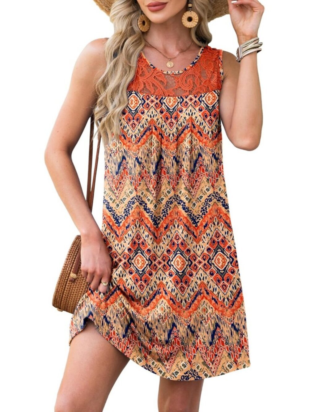 Women's Floral Baho Cover Up Sleeveless Summer Lace Crewneck Sundress Mini Dress
